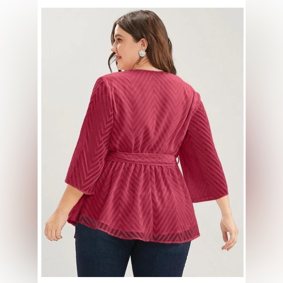 NWT Bloomchic Red Chevron Mesh Surplice Neck Belted Blouse - Picture 3 of 8
